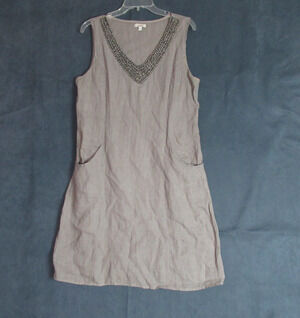 Lina Tomei Dress Large Taupe Linen Beaded Stretch Knit Career Sustainable Italy